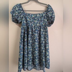 Retro Floral Blue Green Ditsy Vintage Floral Puff Sleeve Empire Waist Dress XS